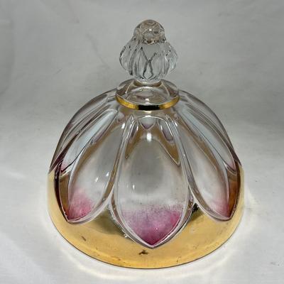 -75- Heavy Clear Glass | Gold & Purple Accents | Covered Butter Dish