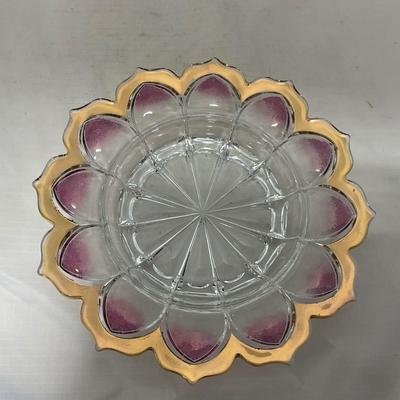-75- Heavy Clear Glass | Gold & Purple Accents | Covered Butter Dish