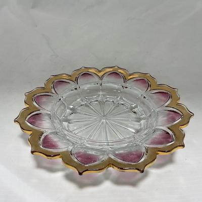 -75- Heavy Clear Glass | Gold & Purple Accents | Covered Butter Dish