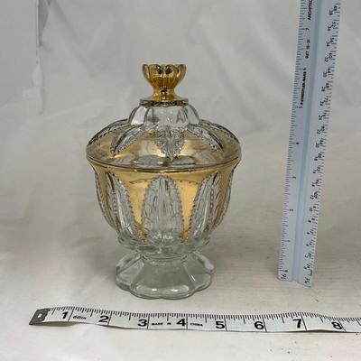 -79- Clear & Gold Glass | Covered Butter Dish | Lidded Jar | Creamer & Sugar