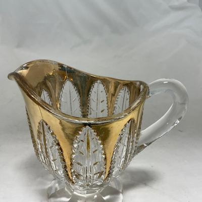 -79- Clear & Gold Glass | Covered Butter Dish | Lidded Jar | Creamer & Sugar