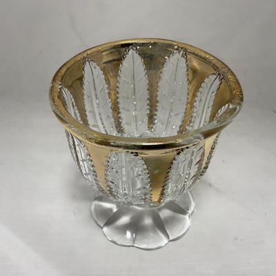 -79- Clear & Gold Glass | Covered Butter Dish | Lidded Jar | Creamer & Sugar