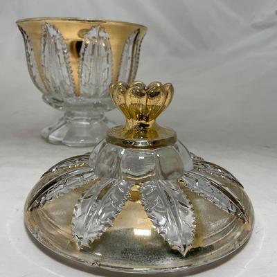 -79- Clear & Gold Glass | Covered Butter Dish | Lidded Jar | Creamer & Sugar