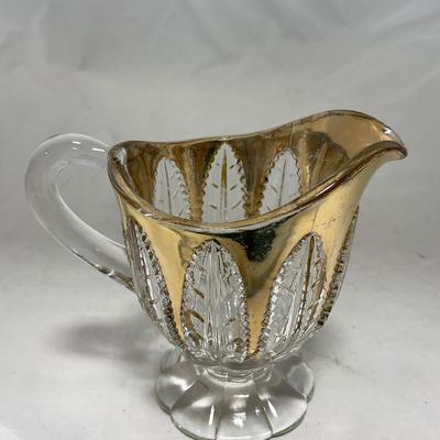 -79- Clear & Gold Glass | Covered Butter Dish | Lidded Jar | Creamer & Sugar