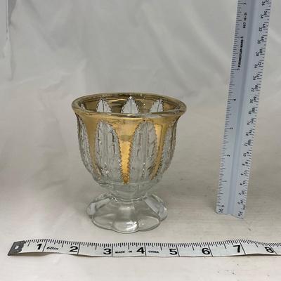 -79- Clear & Gold Glass | Covered Butter Dish | Lidded Jar | Creamer & Sugar