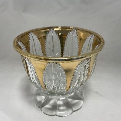 -79- Clear & Gold Glass | Covered Butter Dish | Lidded Jar | Creamer & Sugar