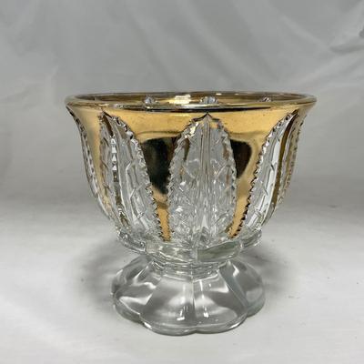 -79- Clear & Gold Glass | Covered Butter Dish | Lidded Jar | Creamer & Sugar