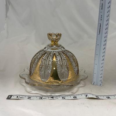 -79- Clear & Gold Glass | Covered Butter Dish | Lidded Jar | Creamer & Sugar