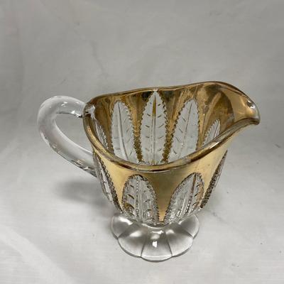 -79- Clear & Gold Glass | Covered Butter Dish | Lidded Jar | Creamer & Sugar