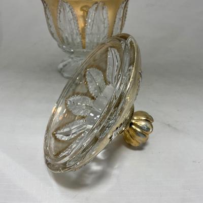 -79- Clear & Gold Glass | Covered Butter Dish | Lidded Jar | Creamer & Sugar