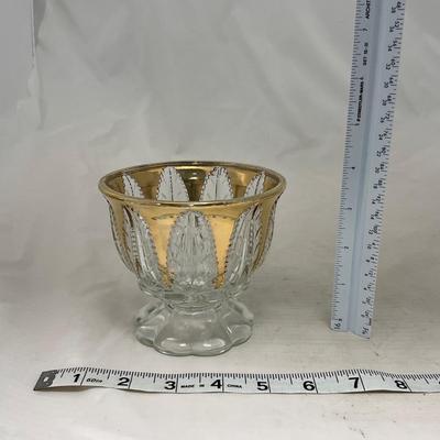 -79- Clear & Gold Glass | Covered Butter Dish | Lidded Jar | Creamer & Sugar