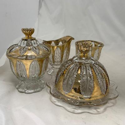-79- Clear & Gold Glass | Covered Butter Dish | Lidded Jar | Creamer & Sugar
