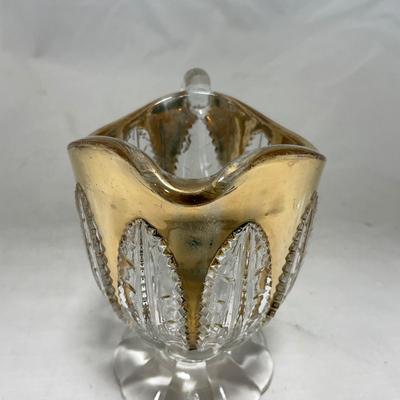 -79- Clear & Gold Glass | Covered Butter Dish | Lidded Jar | Creamer & Sugar