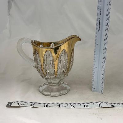 -79- Clear & Gold Glass | Covered Butter Dish | Lidded Jar | Creamer & Sugar
