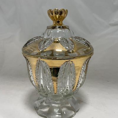 -79- Clear & Gold Glass | Covered Butter Dish | Lidded Jar | Creamer & Sugar
