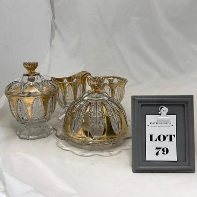 -79- Clear & Gold Glass | Covered Butter Dish | Lidded Jar | Creamer & Sugar
