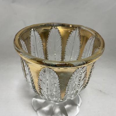 -79- Clear & Gold Glass | Covered Butter Dish | Lidded Jar | Creamer & Sugar