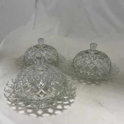 -84- Clear Glass | Matching Set of Three | Covered Butter Dishes
