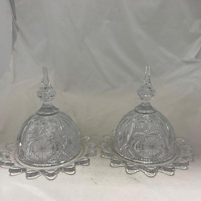 -86- Heavy Clear Glass | Lead Crystal | Set of Two | Covered Butter Dishes