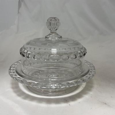 -87- Extra Large Clear Glass | Frosted Flower Detail | Covered Butter Dish