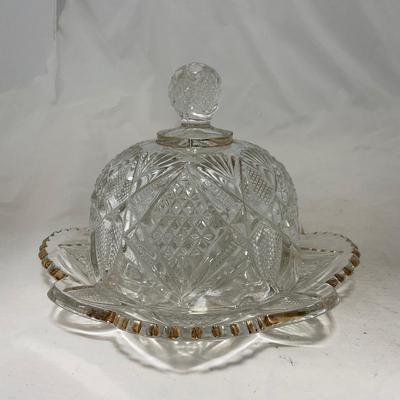 -89- Clear Glass with Gold Touches | Covered Butter Dish