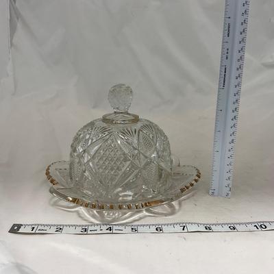-89- Clear Glass with Gold Touches | Covered Butter Dish