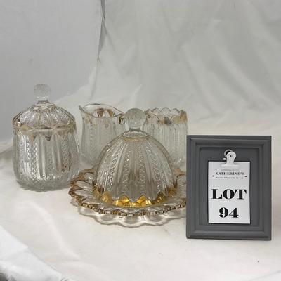 -94- Clear Glass with Gold Accents | Covered Butter Dish | Creamer & Sugar | Lidded Jar