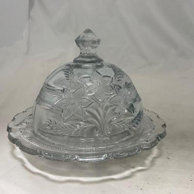 -95- Clear Glass | Flower Details | Covered Butter Dish