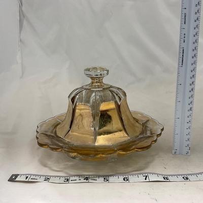 -96- Heavy Clear Glass with Gold Accents | Covered Butter Dish | Lidded Jar | Jar | Creamer & Sugar