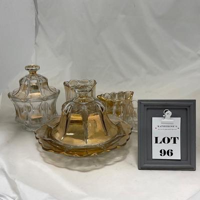 -96- Heavy Clear Glass with Gold Accents | Covered Butter Dish | Lidded Jar | Jar | Creamer & Sugar