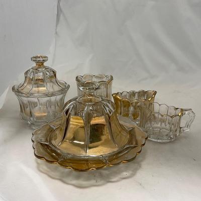 -96- Heavy Clear Glass with Gold Accents | Covered Butter Dish | Lidded Jar | Jar | Creamer & Sugar