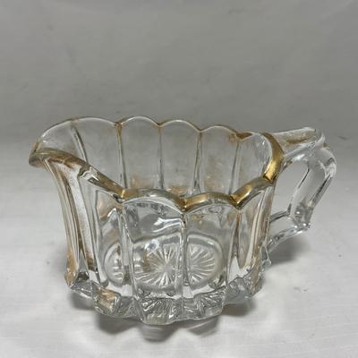 -96- Heavy Clear Glass with Gold Accents | Covered Butter Dish | Lidded Jar | Jar | Creamer & Sugar