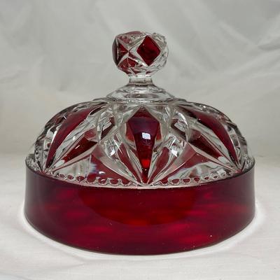 -97- Heavy Ruby Red & Clear Glass | Creamer & Sugar, Butter Dish Lid