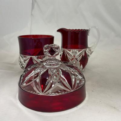 -97- Heavy Ruby Red & Clear Glass | Creamer & Sugar, Butter Dish Lid