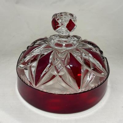 -97- Heavy Ruby Red & Clear Glass | Creamer & Sugar, Butter Dish Lid