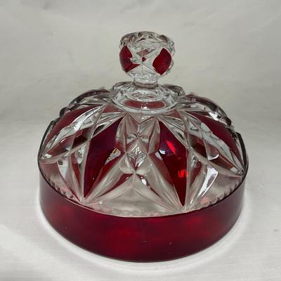 -97- Heavy Ruby Red & Clear Glass | Creamer & Sugar, Butter Dish Lid
