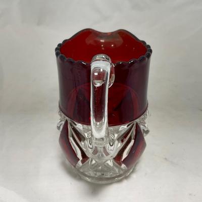 -97- Heavy Ruby Red & Clear Glass | Creamer & Sugar, Butter Dish Lid