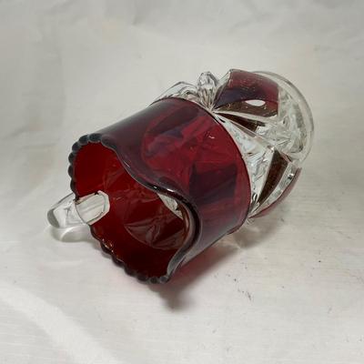 -97- Heavy Ruby Red & Clear Glass | Creamer & Sugar, Butter Dish Lid