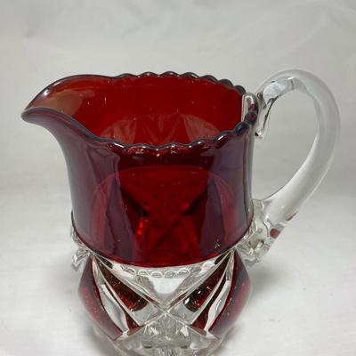 -97- Heavy Ruby Red & Clear Glass | Creamer & Sugar, Butter Dish Lid