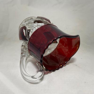 -97- Heavy Ruby Red & Clear Glass | Creamer & Sugar, Butter Dish Lid