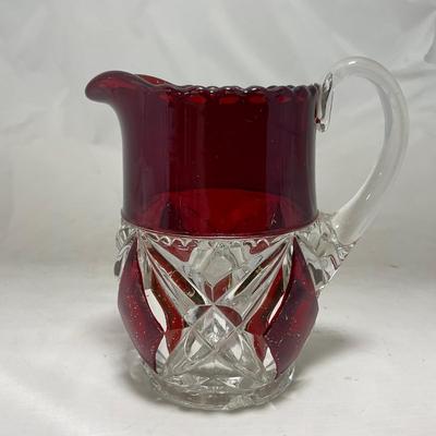 -97- Heavy Ruby Red & Clear Glass | Creamer & Sugar, Butter Dish Lid