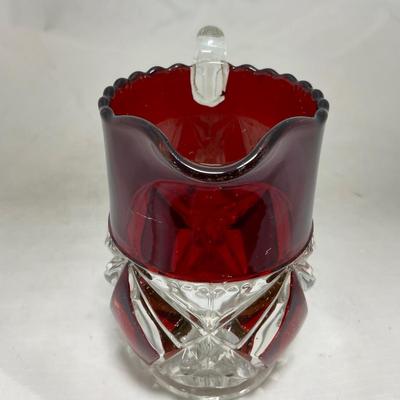 -97- Heavy Ruby Red & Clear Glass | Creamer & Sugar, Butter Dish Lid