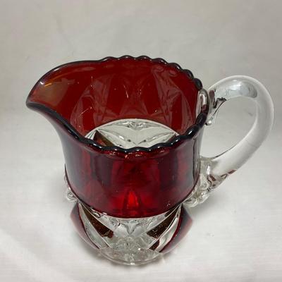 -97- Heavy Ruby Red & Clear Glass | Creamer & Sugar, Butter Dish Lid