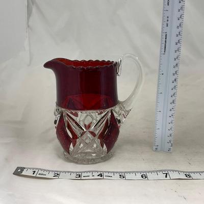 -97- Heavy Ruby Red & Clear Glass | Creamer & Sugar, Butter Dish Lid