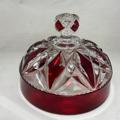 -97- Heavy Ruby Red & Clear Glass | Creamer & Sugar, Butter Dish Lid