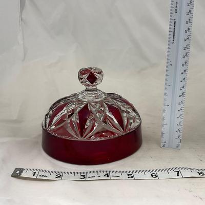 -97- Heavy Ruby Red & Clear Glass | Creamer & Sugar, Butter Dish Lid