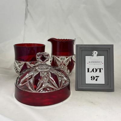 -97- Heavy Ruby Red & Clear Glass | Creamer & Sugar, Butter Dish Lid