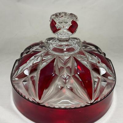 -97- Heavy Ruby Red & Clear Glass | Creamer & Sugar, Butter Dish Lid