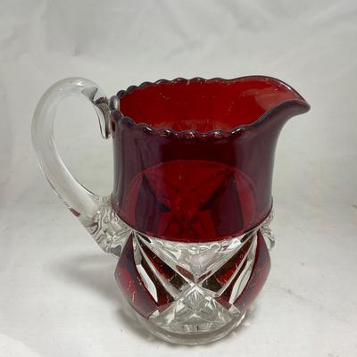 -97- Heavy Ruby Red & Clear Glass | Creamer & Sugar, Butter Dish Lid