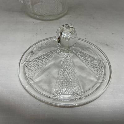 -103- Clear Glass | Dotted Pattern | Covered Butter Dish | Covered Sugar & Creamer